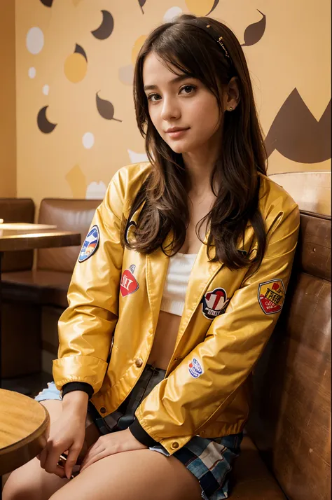 a girl sitting in a restaurant with emoji theme background wearing a party jacket outfit with bottom