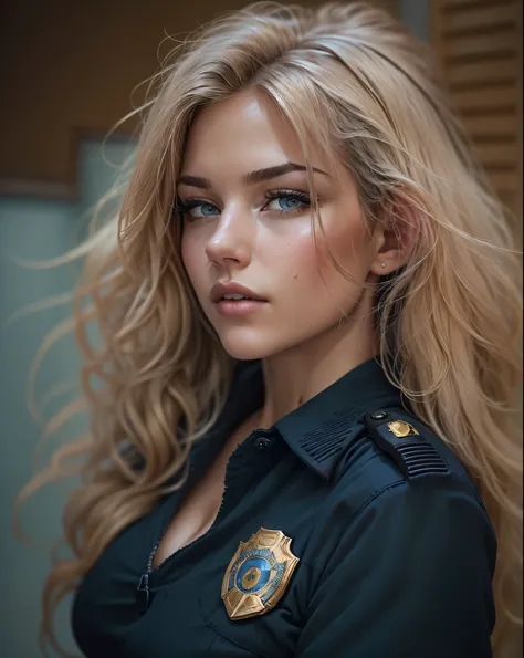 analog photo, editorial fashion photography, 24 year-old blonde woman, masterpiece, best quality, ultra-detailed, colorful, (((big booblonde hair, (((sexy model pose))), (((((cleevage))))), looking at viewer, police station, pleated miniskirt, ((((((sexy p...