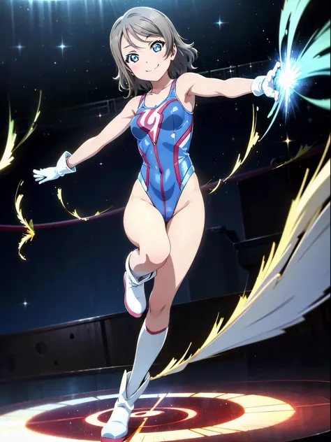 watanabe you, 1girl, leotard, spinning, time travel, super power, superhero, tornado, super tornado, whirlwind, twirling, super speed, bare legs, anime, super spin, standing, detailed, boots, gloves, rapid gyration, smile