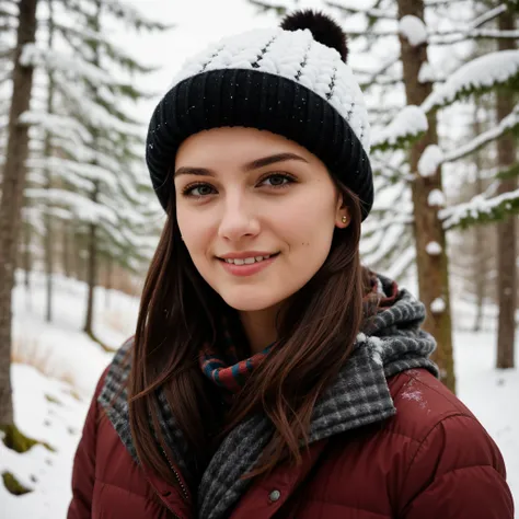 A well-lit portrait (Closeup:1.15) (average shot portrait:0.6) Photograph of a beautiful Swiss woman standing on snowy trail, wearing warm outfit, blurred background, Looking at me, slight shy smile, , film grain, 35 mm, cute style, 8k, Raw photo,