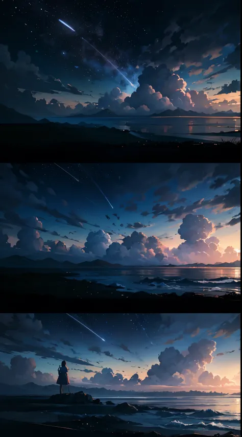 High quality masterpiece, landscape, anime train passing through bodies of water on tracks, bright starry sky. Romantic train, pixiv, concept art, lofi art style, reflection. by Makoto Shinkai, lofi art, Beautiful anime scene, Anime landscape, detailed sce...