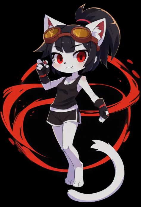 furry girl, cat, black hair, short spiky hairstyle, hair bang cover her eye, black eyeshadows, short spiky ponytail, anime style, small breasts, red eyes, Big eyebrows, ((goggles, black small tank top, grey shorts, fingerless gloves)), high quality, detail...