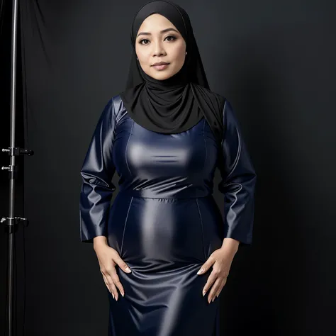 52 years Old, Hijab Indonesian mature woman, Large Tits : 96.9, Gamis, Slim body, Breast about To burst out, at Studio Photo, Dark light, at NightTime