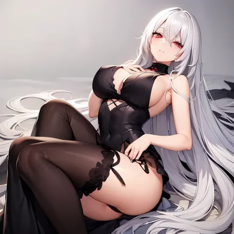 An attractive young woman with long straight white hair and red eyes. Petite body. Large breasts. Casual Gothic clothes. Blushing. Happy. Full body portrait. Lying, on back. In a state of undress.