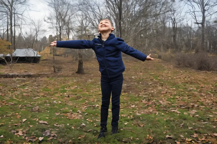 Medium shot of a happy boy looking at the sky, waiting for the snow to fall