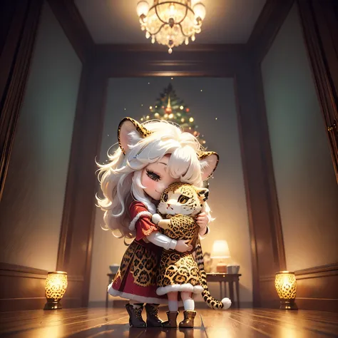 ​masterpiece、top-quality、ultra-detailliert、(chibi character princess:1.2), (hug a leopard animal:1.3),White-haired,red white green knit dress,The glitter shines、Christmas tree,drop light,Western-style living room,a smile、Full-body standing figure,The glitt...