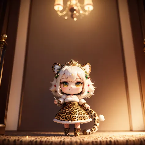 ​masterpiece、top-quality、ultra-detailliert、(chibi character princess:1.2), (holding a leopard animal:1.3),White-haired,red white green knit dress,The glitter shines、Christmas tree,drop light,Western-style living room,a smile、Full-body standing figure,The g...