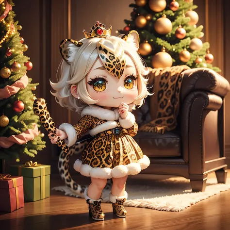 ​masterpiece、top-quality、ultra-detailliert、(chibi character princess:1.2), (holding a leopard animal:1.3),White-haired,red white green knit dress,The glitter shines、Christmas tree,drop light,Western-style living room,a smile、Full-body standing figure,The g...