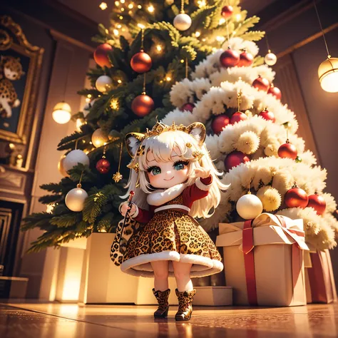 ​masterpiece、top-quality、ultra-detailliert、(chibi character princess:1.2), (holding a leopard animal:1.3),White-haired,red white green knit dress,The glitter shines、Christmas tree,drop light,Western-style living room,a smile、Full-body standing figure,The g...