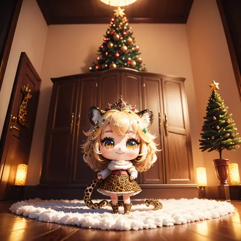 ​masterpiece、top-quality、ultra-detailliert、(chibi character princess:1.2), (holding a leopard animal:1.3),White-haired,red white green knit dress,The glitter shines、Christmas tree,drop light,Western-style living room,a smile、Full-body standing figure,The g...