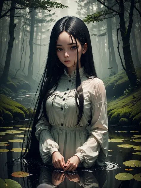 female with long black hair, Pond in the forest, Rain, horror atmosphere, creepy, Best Quality, 8K