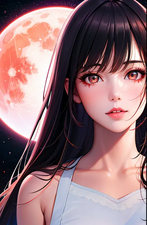 1 girl, beautiful face, ((white eyes)), sexy pose, red moon in the background, stars, space, (lightroom: 1.13), soft light, (natural skin texture: 1.2), (hyperrealism: 1.2), sharp focus, focus