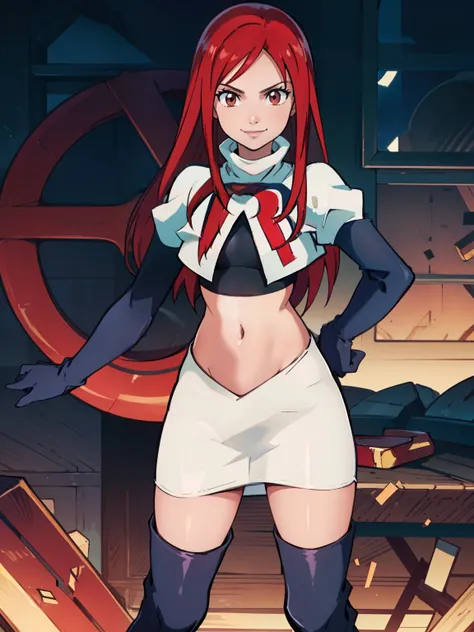 Erza Scarlet, long hair,red hair, brown eyes, ,team rocket uniform, red letter R, white skirt,white crop top,black thigh-high boots, black elbow gloves, smile, looking at viewer, cowboy shot, salute