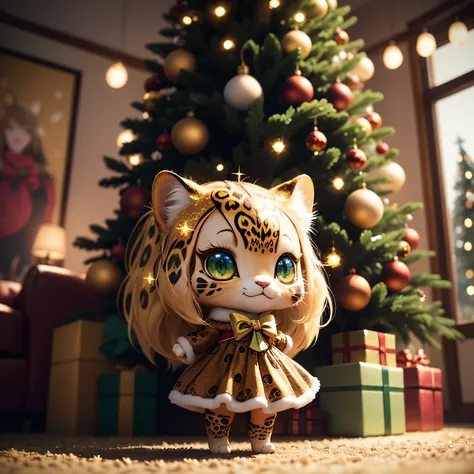 ​masterpiece、top-quality、ultra-detailliert、（leopard animal with a face like a chibi character leopard animal:1.3），natural long hair,red white green party dress，The glitter shines、(Christmas tree:1.1)，drop light，Western-style living room，a smile、Full-body s...