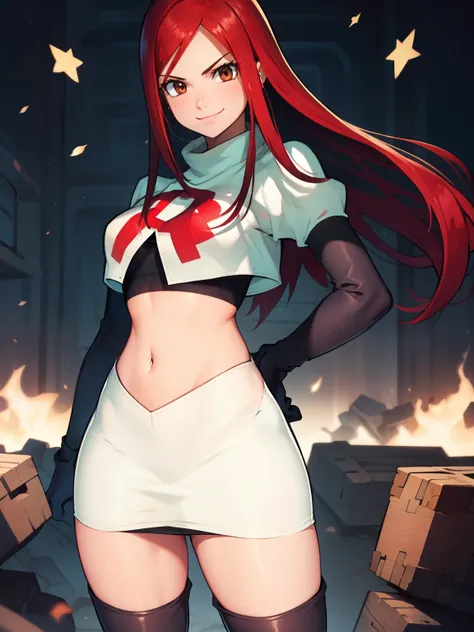 Erza Scarlet, long hair,red hair, brown eyes, ,team rocket uniform, red letter R, white skirt,white crop top,black thigh-high boots, black elbow gloves, smile, looking at viewer, cowboy shot, sexy pose