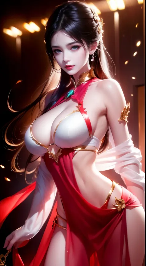 1个Giant Breast Girl, super Big huge tits,
  damage,
  ((Clear silk robe)), Red lace underwear)),
  damage,
  ((Permanent, lacivious pose)),
  (tmasterpiece), ((Best quality at best, highly detailed face and skin, Photorealistic photopressive eyes, s the pe...