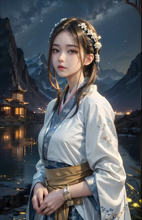 best quality, masterpiece, highres,, 1girl, Detailed face, (Upper body:1.6), Cyber cities, mountains and rivers, night, firefly lights, Realistic, rich in detail, (White hanfu:1.2), (beautiful body:1.4),