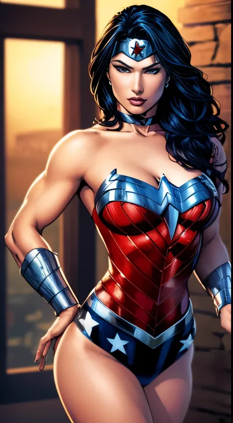 Sexy beautiful Wonder Woman (New 52) . portrait photography by artgerm, in the style of realism, glistening skin, cartooncore, mangacore, natural lighting, Defined full lips. fitness feminine body full body
