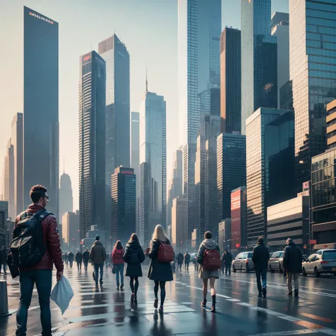 people walking in a futuristic city, in landscape mode, 4k, ultra realistic --auto --s2