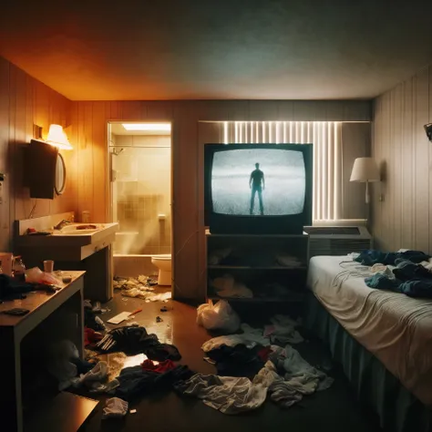 there is a television in a room with a bed and a sink, inspired by Gregory Crewdson, room with eerie feeling, greg crewdson, crewdson, dirty room, photography of gregory crewdson, hotel room, dimly lit room, todd hido photography, eerie room, claustrophobi...