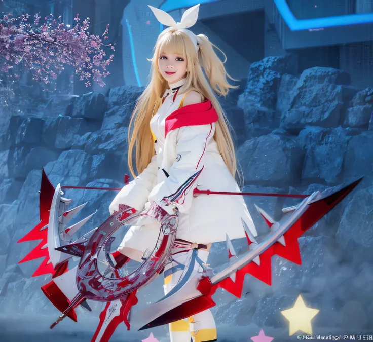 young cute girl, thick eyelashes, smiling, long blonde hair, white hair ribbon, oversized white coat with red collar, yellow and white stockings, red cyberpunk bow and arrow