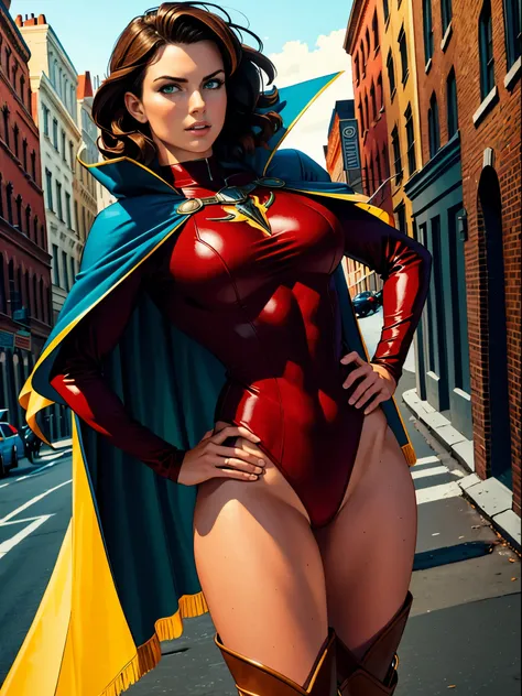 ((best quality)), ((masterpiece)), ((ultra realistic)), (dynamic heroic pose), american, beautiful detailed face, detailed eyes, sexy reporter, dressed in a red leotard, new york city backdrop, highly detailed, professional, bare legull body), hands on hip...