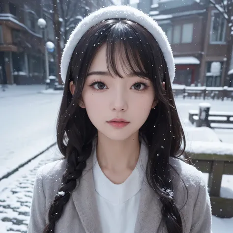 (masutepiece, Best Quality, Ultra-detailed, Best Shadow), (femele,A detailed face:1.3),(Solo), 超A high resolution,4K,8K,japanes,Wear winter clothes,route,Woman,Straight face,ren,A half bodyショット,Its snowing,A half body