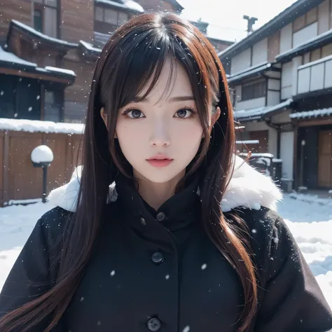 (masutepiece, Best Quality, Ultra-detailed, Best Shadow), (femele,A detailed face:1.3),(Solo), 超A high resolution,4K,8K,japanes,Wear winter clothes,route,Woman,Straight face,ren,A half bodyショット,Its snowing,A half body