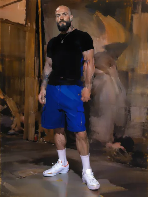 skater dad, y2k fashion, tattoos, beard, bald, earrings, piercings, multiple piercings, silver rings, dilf, white socks, robust clothing, vans sneakers, cargo shorts, white male, gentle handsome face, high quality standing, dark clothes, art studio,