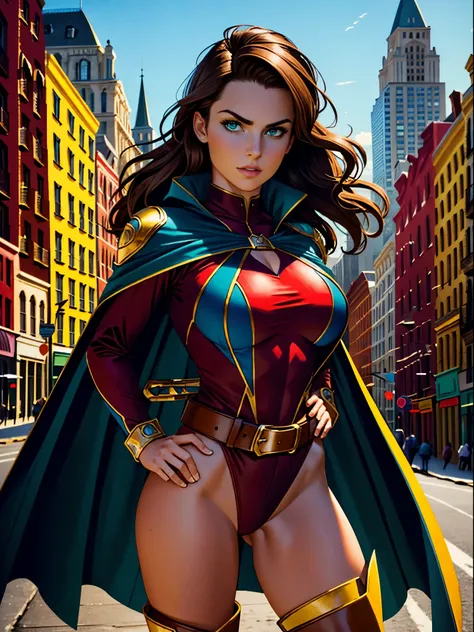 ((best quality)), ((masterpiece)), ((ultra realistic)), (dynamic heroic pose), american, beautiful detailed face, detailed eyes, sexy reporter, dressed in a red leotard, new york city backdrop, highly detailed, professional, bare legull body), hands on hip...