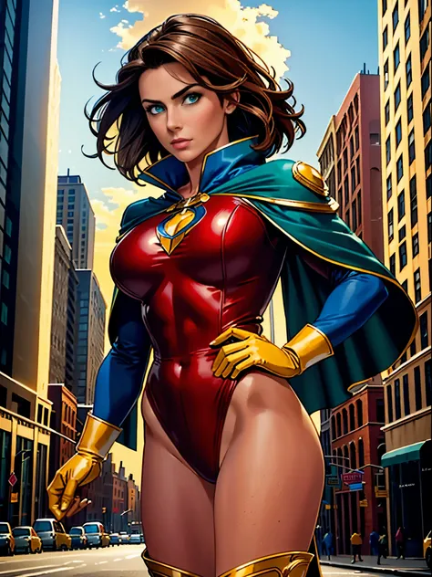 ((best quality)), ((masterpiece)), ((ultra realistic)), (dynamic heroic pose), american, beautiful detailed face, detailed eyes, sexy reporter, dressed in a red leotard, new york city backdrop, highly detailed, professional, bare legull body), hands on hip...