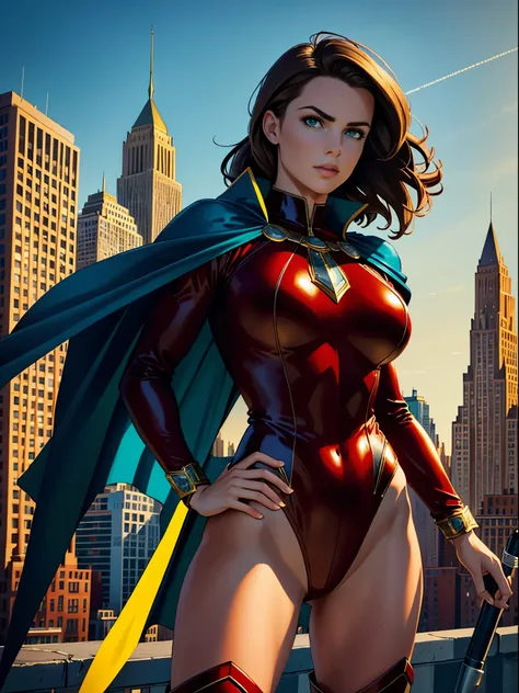 ((best quality)), ((masterpiece)), ((ultra realistic)), (dynamic heroic pose), american, beautiful detailed face, detailed eyes, sexy reporter, dressed in a red leotard, new york city backdrop, highly detailed, professional, bare legull body), hands on hip...