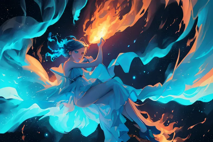 (Best quality, 4K,8K, A high resolution, Masterpiece:1.2), Ultra-detailed, (Realistic, Photorealistic, photo-realistic:1.37), full body silhouette of a girl, turquoise flames, vibrant blue flames, nebula, clouds, cast luminous spells, illustration, enchant...