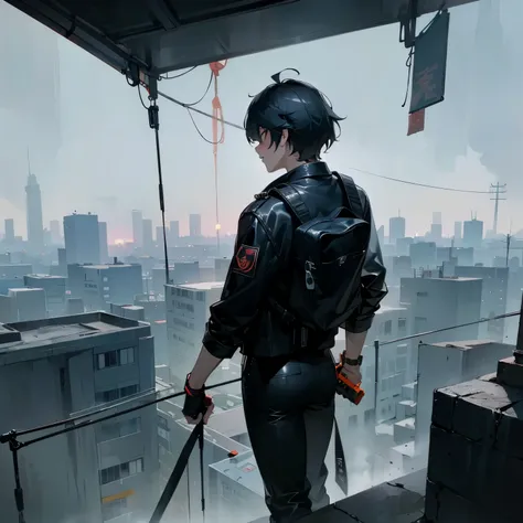 Best quality at best, tmasterpiece, 超高分辨率, Realistic photos, ember, He wears a black leather jacket，Black leather pants and leather case, Wearing orange goggles on his face，Wearing a big black backpack，disheveled black hair , 黑The eye ，Zombie apocalypse ci...