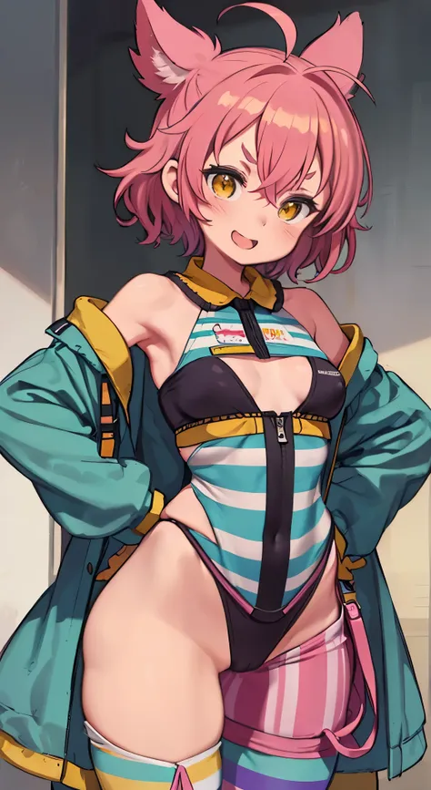 (Perfect body),Best Quality,16 K、NSFW、(((((Lori)))))、((((Short stature))))、blush、(V-shaped eyebrows)、:D、embarrassed from、((((Short hair))))、(hair messy)、waved hair、Ahoge、(Yellow eyes),((A pink-haired))、Yellow goggles on the head、yellow lean hair clip、(Whit...