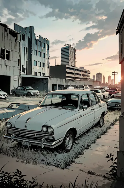 preto e branco. car cemetery, patio with grass. cidade abandonada, abandoned buildings, incomplete constructions, carros abandon...