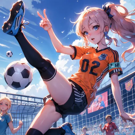 (Best Quality, masutepiece),ultra detailed photographic,1girl in, Womens Soccer Players ,Large breasts,nice legs,Shoot the ball,At the soccer venue,Detailed beautiful face,Beautiful eyes,detailed hairs,detailed  clothes,Detailed realistic skin,Cool,Dynamic...