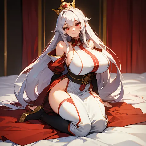 {{masterpiece}}, best quality, anime style, female, big breasts, white long hair, red eyes, 22 years old, smiling, full body, sitting on a bed, royalty clothes, dignified.