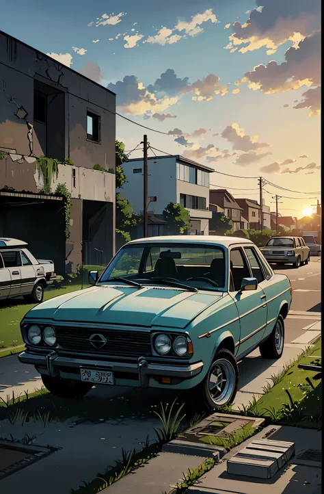 Car Cemetery, muitos carros. Patio with grass. abandoned buildings, carros abandonados, Greenery next to buildings, sun sunset. manga-style (Preto e branco).