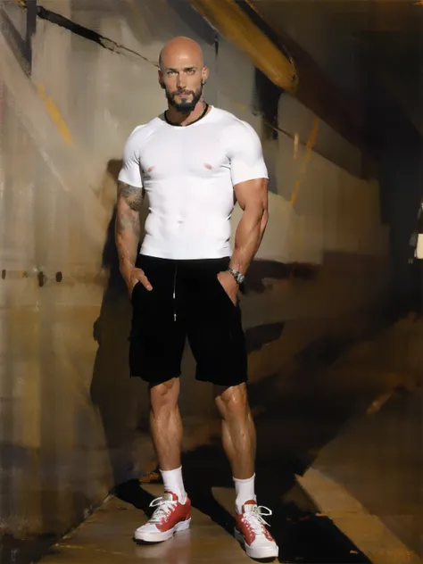 skater dad, y2k fashion, tattoos, beard, bald, earrings, piercings, multiple piercings, silver rings, dilf, white socks, robust clothing, vans sneakers, cargo shorts, white male, gentle handsome face, high quality standing, dark clothes, art studio, confid...