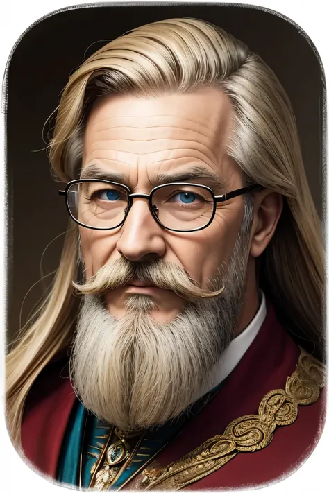 Man, full face, nobleman, long blond hair, wrinkles, wise look, short trimmed beard and mustache, librarian glasses, high quality