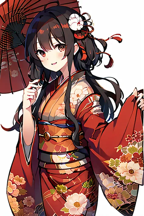 top-quality、high-quality illustrations、1 japan girl、red kimono、a dark-haired、pattsun bangs、super cute、white background、the upper...