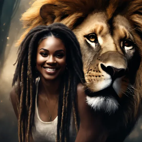 an image of a smiling black woman with dreadlocks next to a lion , fundo nas cores do reggae Nenhum estilo de Russ Mills, Michael Garmash, charming sketches, mono-ha, Contemporary Asian art, Lilia Alvarado, Pincelada concisa --AR 69:128 --s 750 --V 5. 2