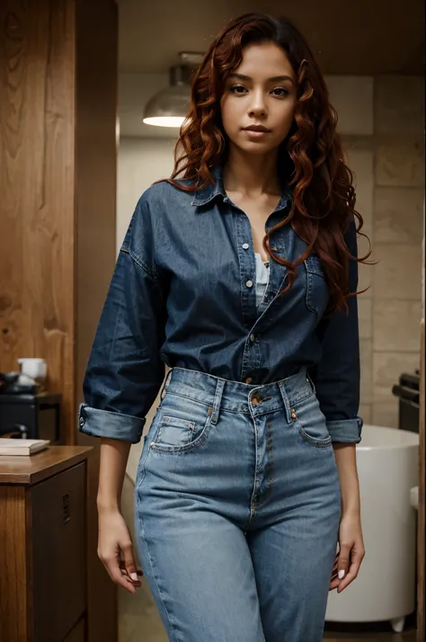 Creative professional
Female
Tan skin
Black
30yrs
Red curly hair
Slender with wide hips
Sexy
Dressed in denim and shirt