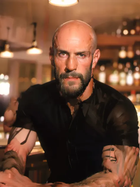 bald handsome man with beard waits at bar for drink, daddy, dark tattoos, fit body, black shirt, 40yo, sitting on stool,  sittin...