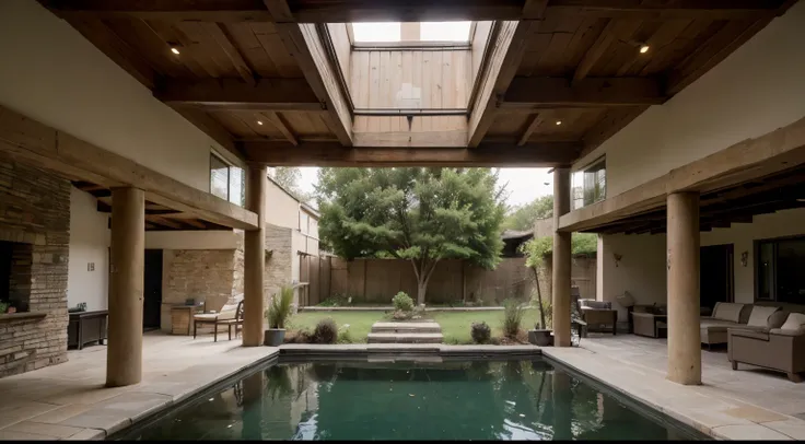 ((best quality)), ((masterpiece)), (detailed), indoor courtyard, living room, pond