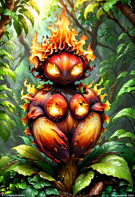 colored crystal style，(a magical plant，beautiful rafflesia，half of its stems and leaves are made of flames，the other half is a n...