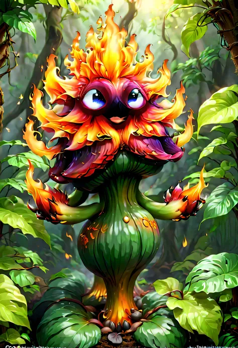 colored crystal style，(a magical plant，beautiful rafflesia，half of its stems and leaves are made of flames，the other half is a n...