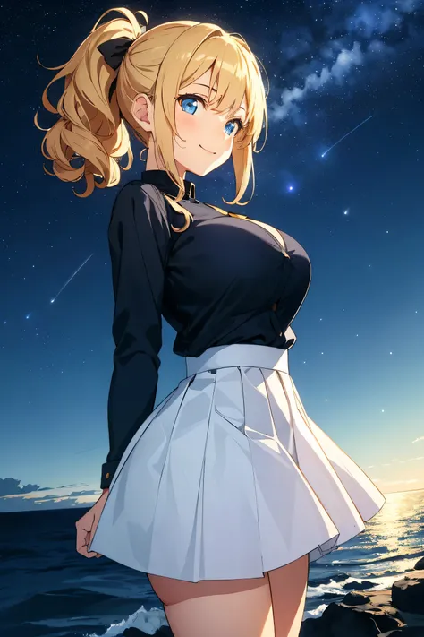 (tmasterpiece, Best quality at best), Cute big breasts,
mid hair, Blonde hair, curlies, side ponytails, eBlue eyes, a skirt, medium, ssmile, , depth of fields,, the night, As estrelas (Skysky), the night Skysky, scenecy, As estrelasry Skysky, Blue Themes, ...