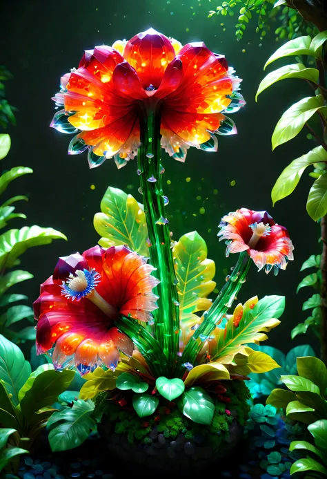 彩色crystal款式,(a magical plant,beautiful rafflesia,它的茎和叶一半是crystal制成的,The other half is a natural plant-grown flower,The flowers are very bright and beautiful,Available in a variety of colors and shapes,Glowing light。茎叶上的crystal组件呈现出精致的机械结构和复杂的纹路,酷炫的crystal质...